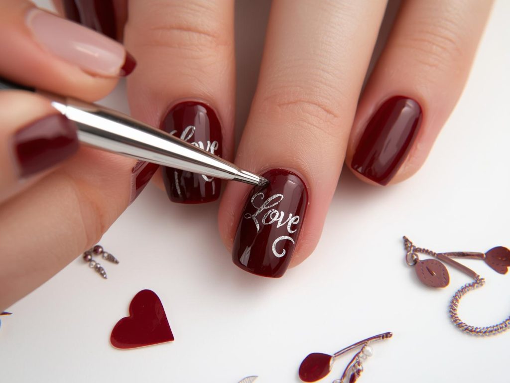 Creating glossy burgundy silver "Love" script nail art with silver patterns.