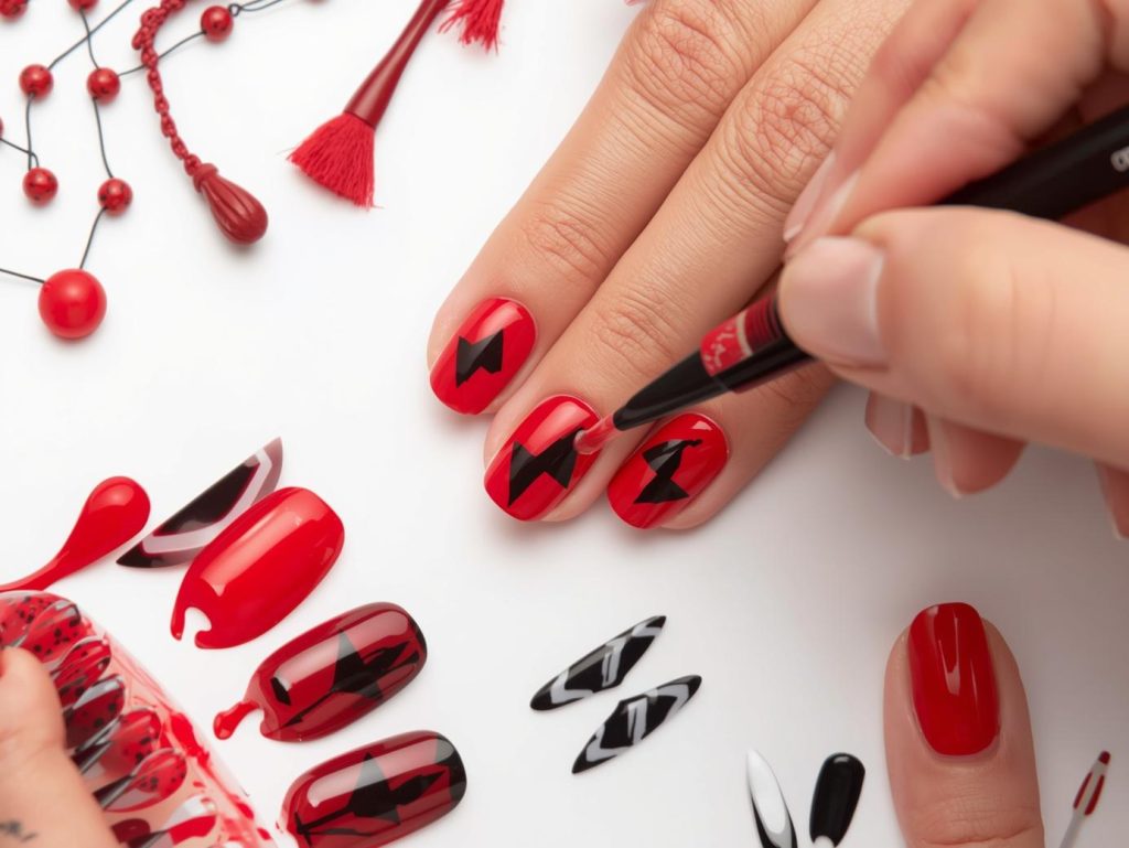 DIY Gel Nails: Stunning and Pinterest-Worthy Manicures to Adore 12 Creating classic red black geometric DIY gel nail art with black geometric decals.