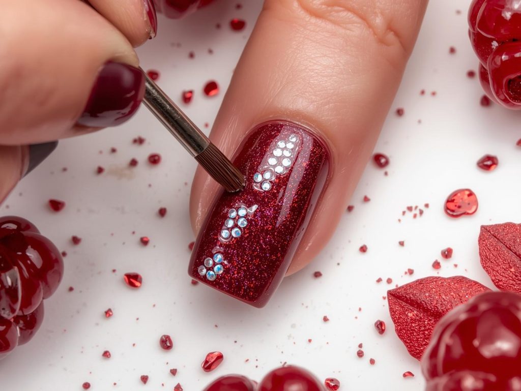 Creating glossy wine red holographic berry nail art with holographic polish.