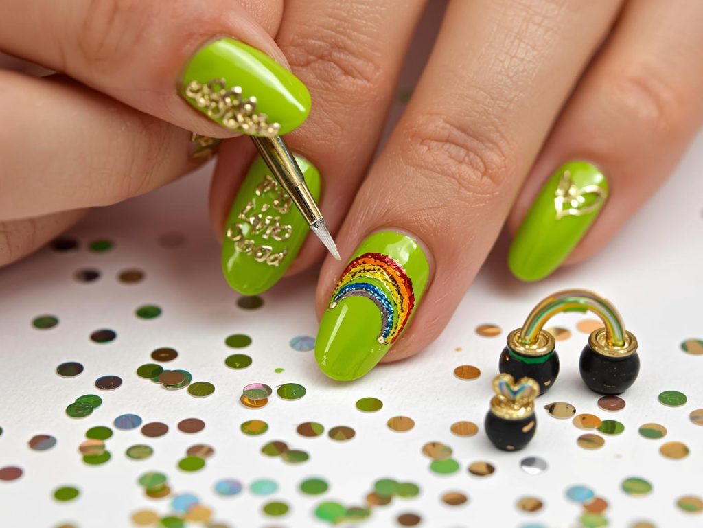 Creating glossy lime green rainbow pot of gold nail art with rainbow and gold embellishments.