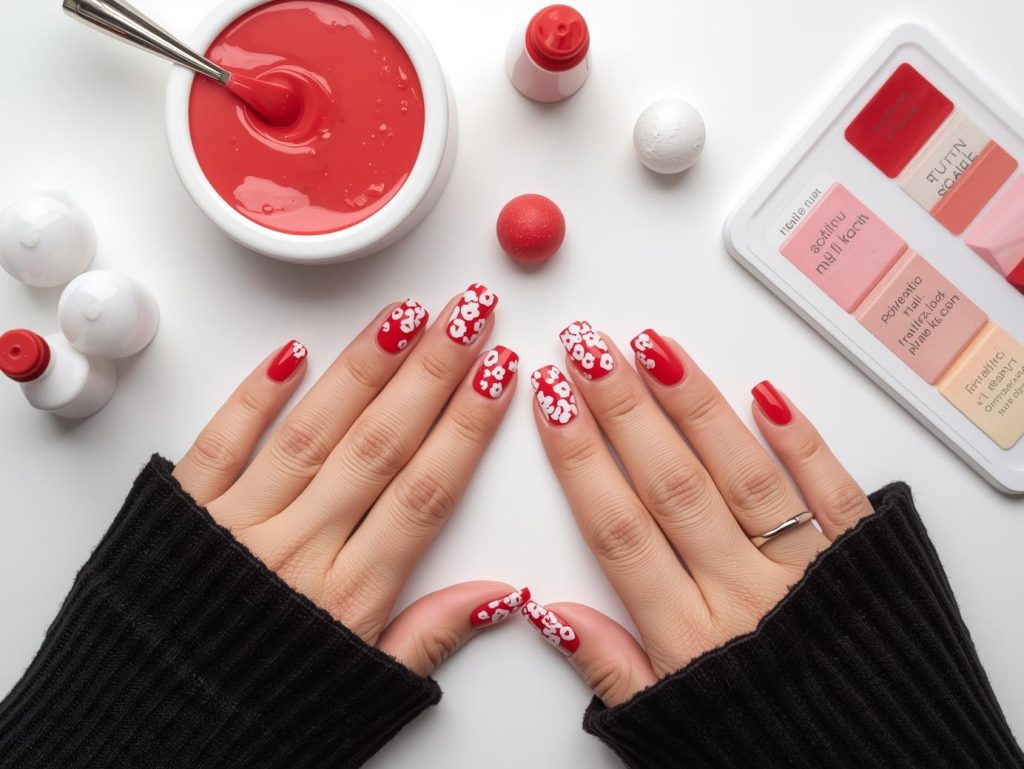 Creating classic red white floral DIY acrylic nail art with white floral decals.