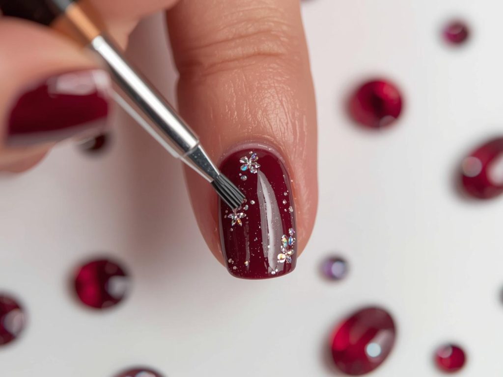  Creating glossy burgundy holographic gem nail art with holographic polish.