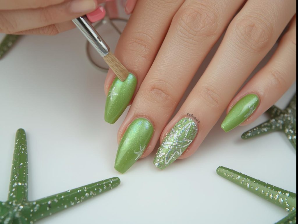 Mermaid Nail Designs: Enchanting and Pinterest-Worthy Manicures to Adore 12 Creating holographic green mermaid nail art with starfish details.
