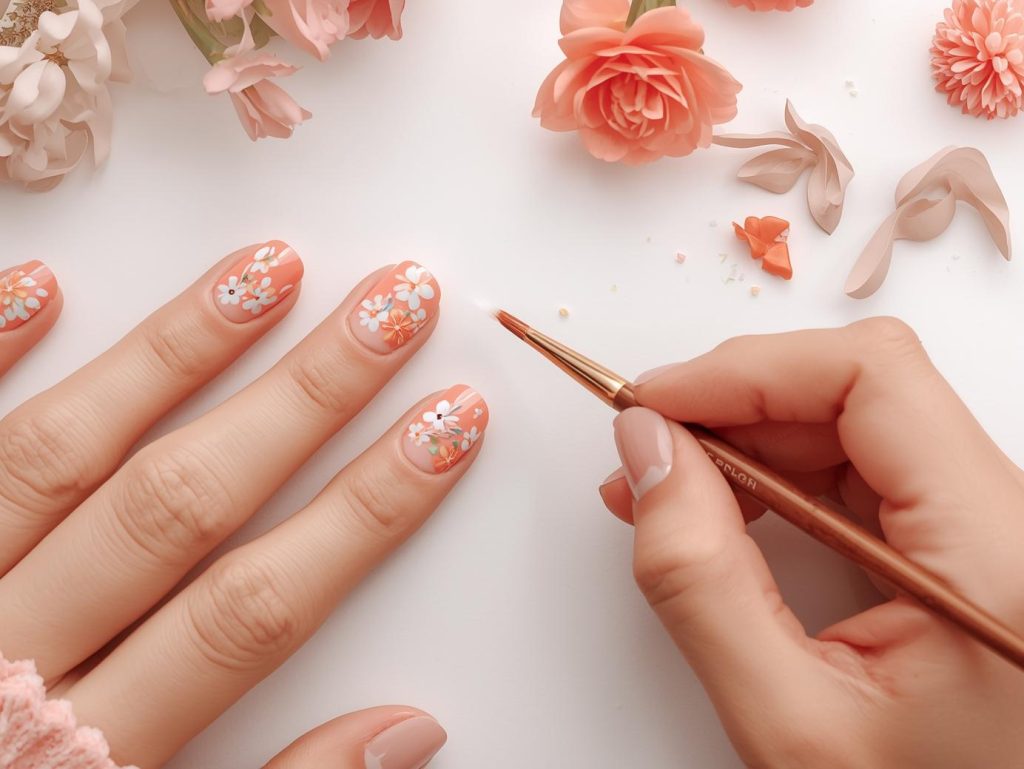 Easter Nail Designs: Playful and Pinterest-Worthy Manicures to Adore 12 Creating glossy coral pastel floral nail art with pastel floral patterns.