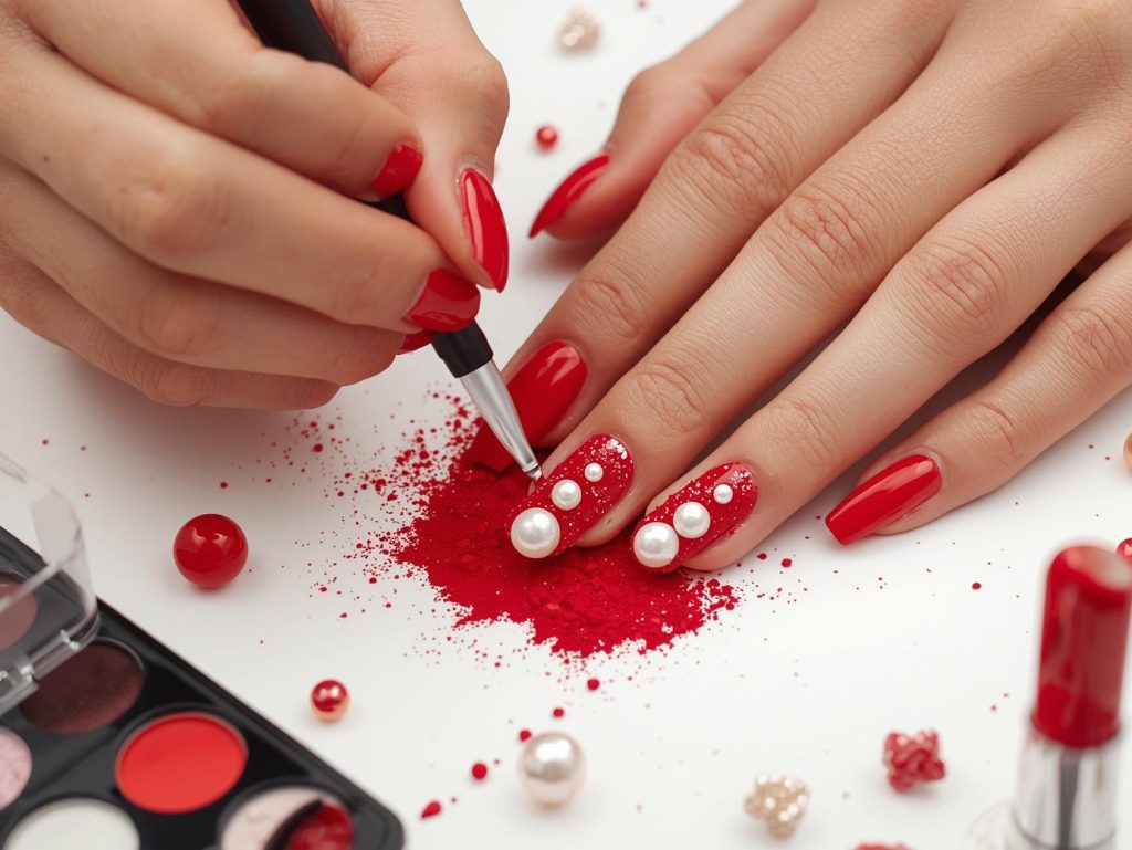 Creating classic red white pearl dip powder nail art with white pearl embellishments.