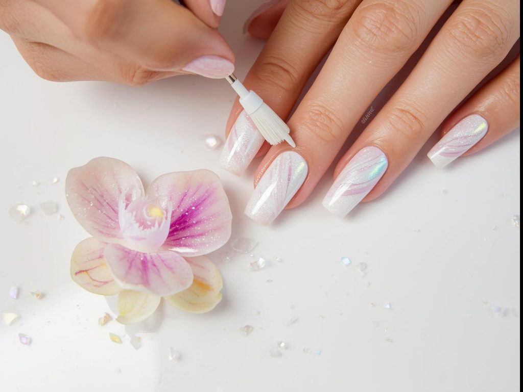 Creating iridescent pearl mirror swirl nail art with white polish and chrome powder.
