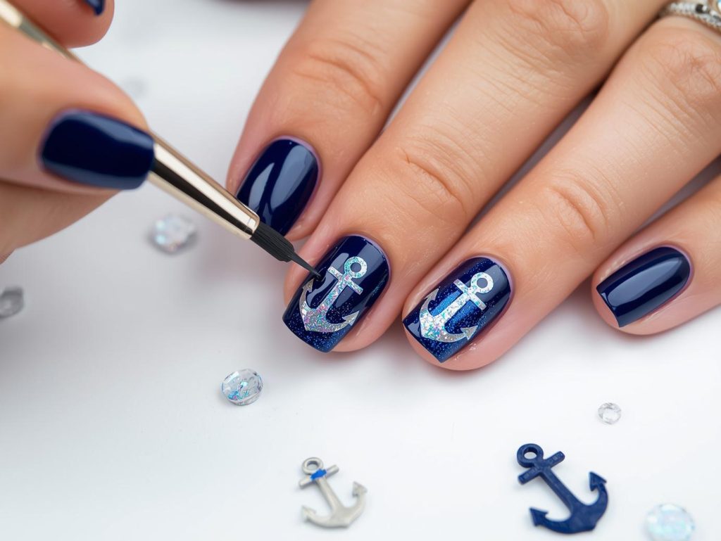 Creating glossy midnight blue holographic anchor nail art with holographic polish.