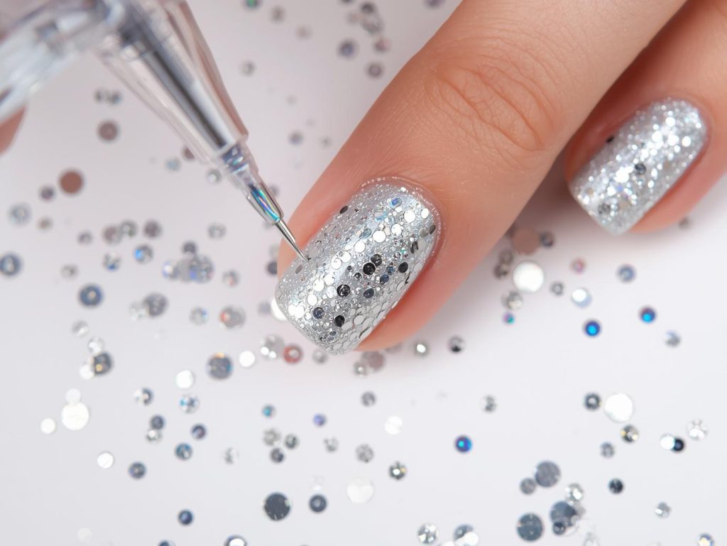 Creating shimmering silver iridescent confetti nail art with iridescent embellishments.