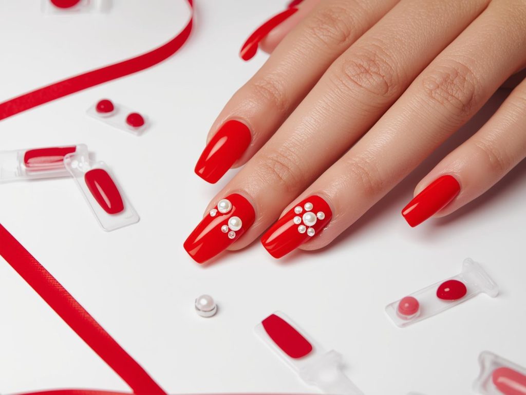 Applying classic red white pearl press on nail art with white pearl embellishments.
