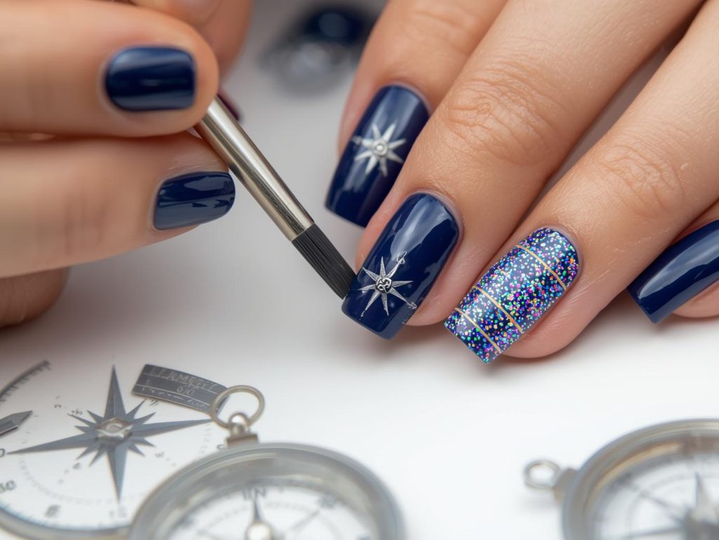 Navy Nail Designs: Bold and Pinterest-Worthy Manicures to Adore 12 Creating glossy navy holographic compass nail art with holographic polish.