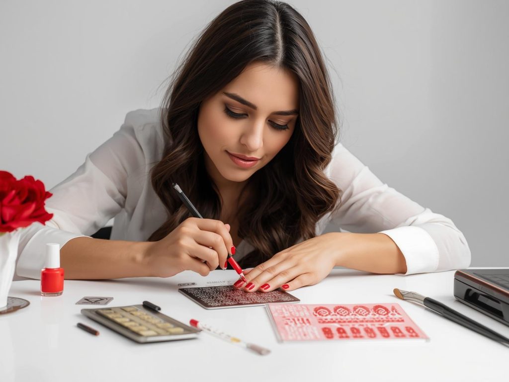 Nail Salon Inspiration: Stunning and Pinterest-Worthy Manicures to Adore 12 Creating classic red white lace stamped nail salon art with white lace stamping.