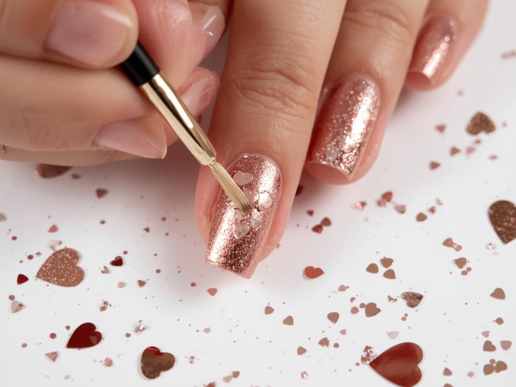 Creating glossy rose gold holographic heart nail art with holographic polish.