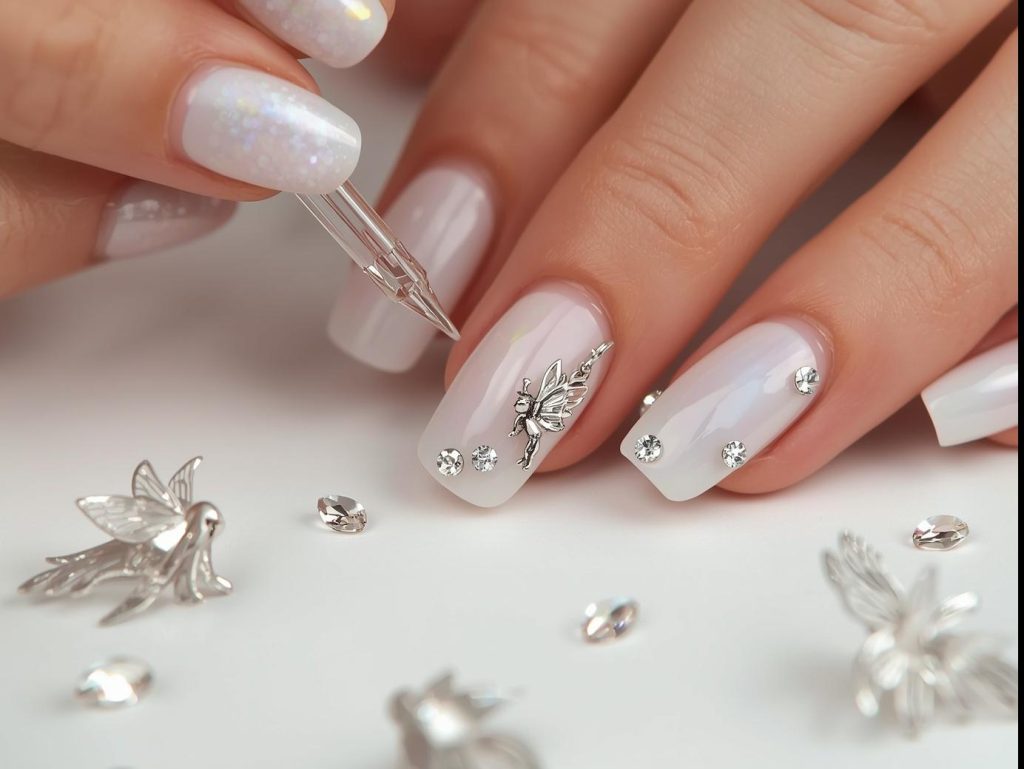 Creating pearlescent white fairy nail art with crystal fairy charms.