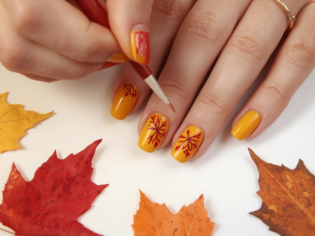 Fall Leaves Nail Art: Cozy and Pinterest-Worthy Manicures to Adore 12 Creating glossy mustard yellow red and orange leaf nail art with red and orange leaf patterns.