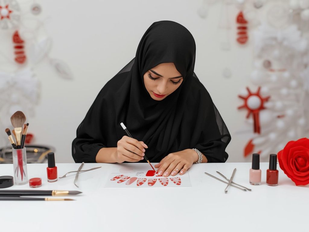 Creating classic red white lace decal nail art for a nail artist portfolio.