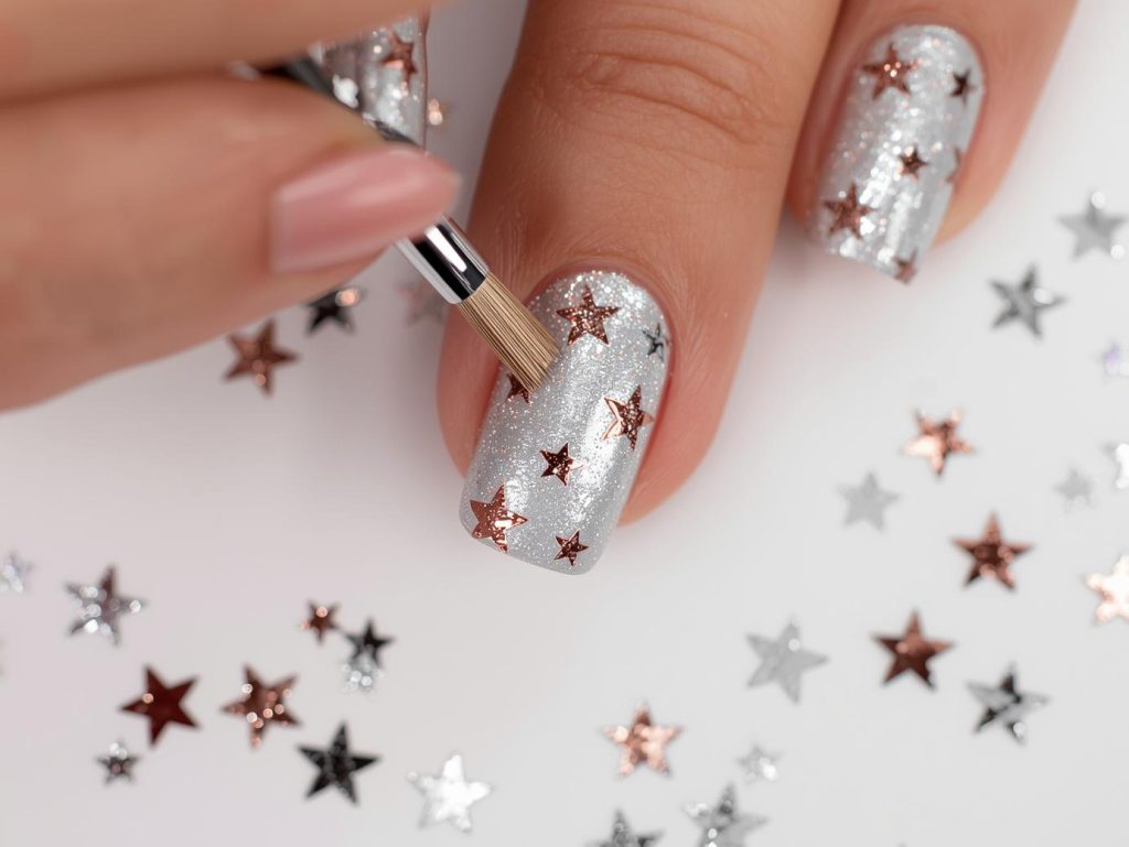 Metallic Silver Nail Designs: Sleek and Pinterest-Worthy Manicures to Adore 12 Creating glossy silver rose gold star nail art with rose gold polish.