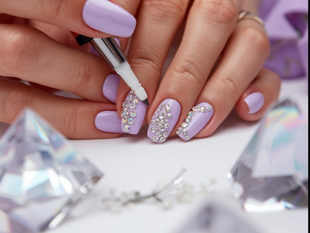 Creating delicate lavender unicorn nail art with rainbow crystal embellishments.