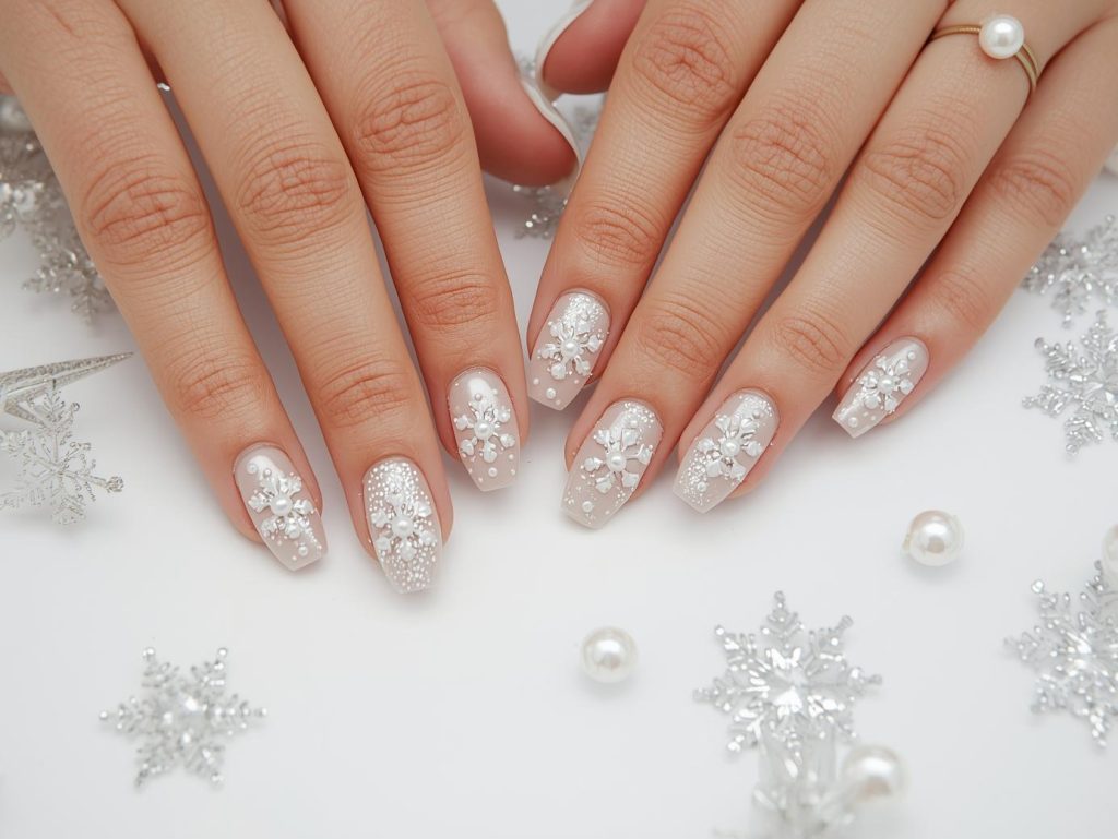 Snowflake Nail Designs: Wintry and Pinterest-Worthy Manicures to Adore 12 Creating glossy silver pearl snowflake nail art with pearl embellishments.