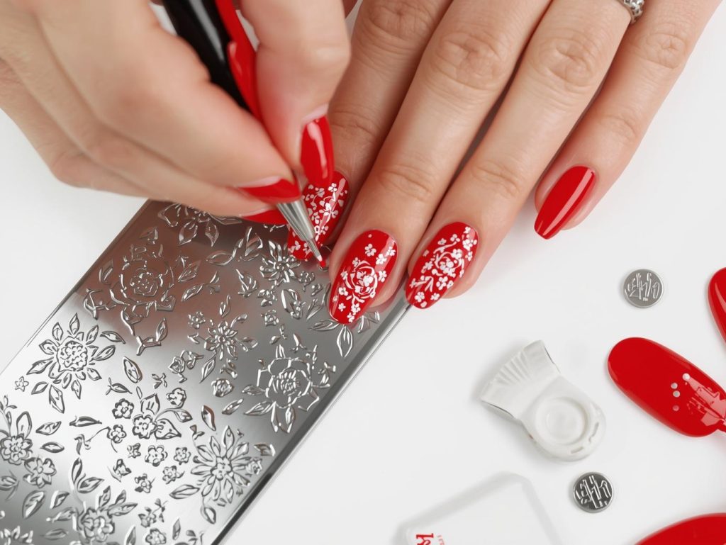 Classic red white floral stamped manicure with glossy finish.
