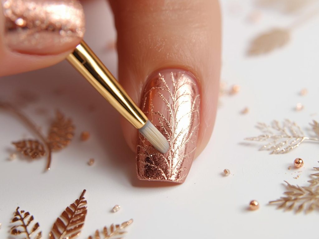 Metallic Gold Nail Designs: Opulent and Pinterest-Worthy Manicures to Adore 12 Creating glossy gold rose gold leaf nail art with rose gold polish.