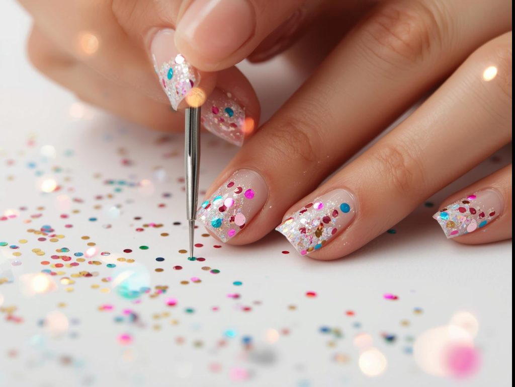 Colorful Nail Designs: Vibrant and Pinterest-Worthy Manicures to Obsess Over 12 Creating confetti-inspired multicolor polka dot colorful nail art with glitter bursts.