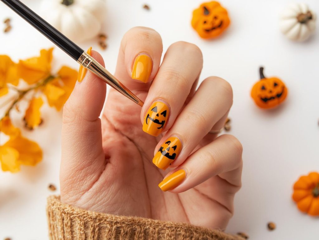 Creating glossy mustard yellow black jack-o'-lantern nail art with black jack-o'-lantern patterns.