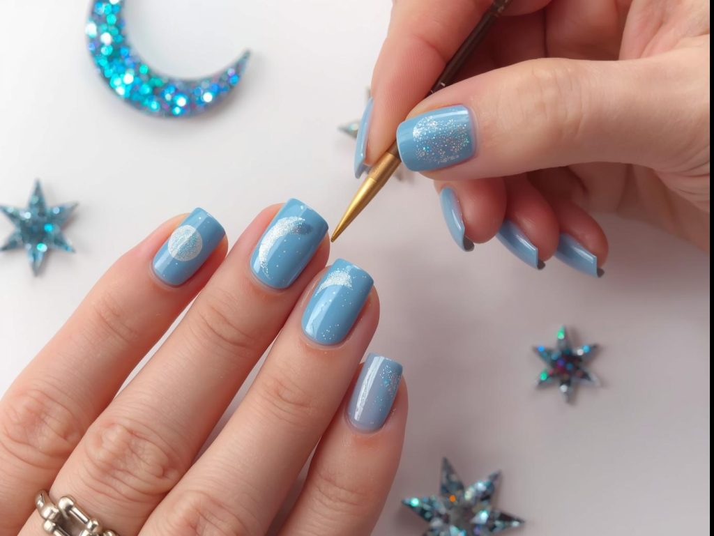 Sky Blue Nail Designs: Serene and Pinterest-Worthy Manicures to Adore 12 Creating glossy sky blue holographic moon nail art with holographic polish