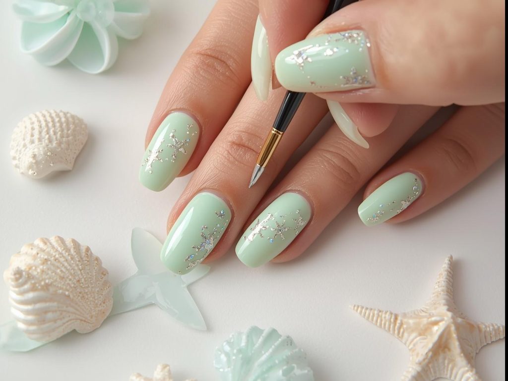 Creating glossy mint green holographic seashell nail art with holographic polish.