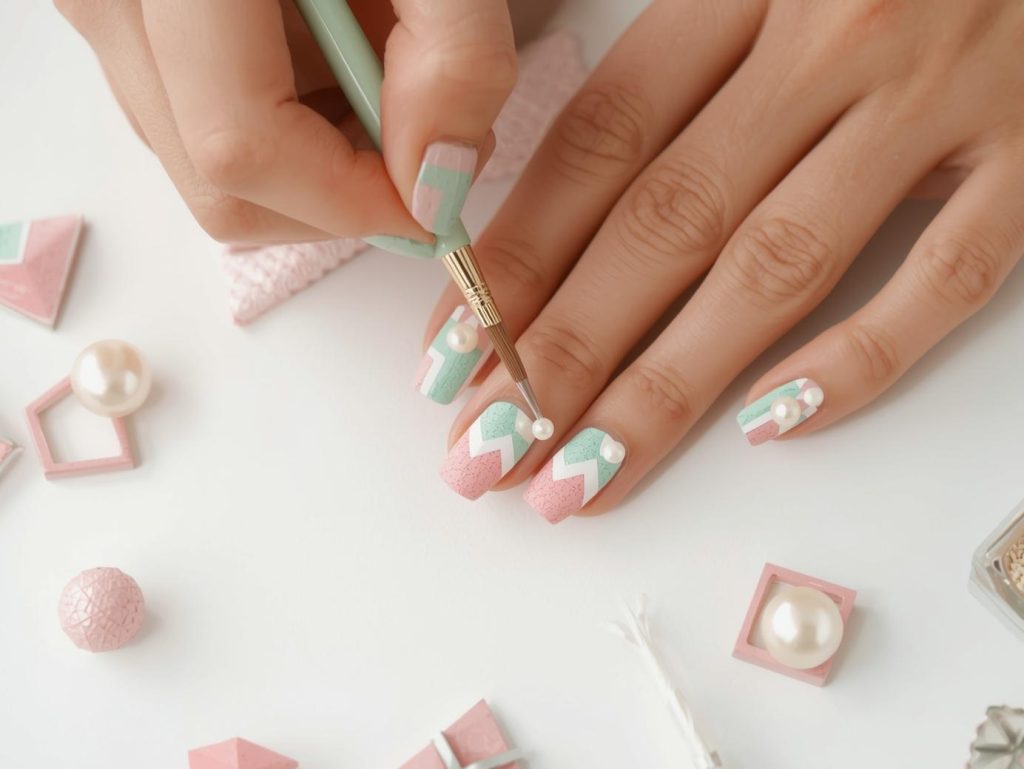 Creating pastel pink and mint green color block nail art with pearl embellishments.
