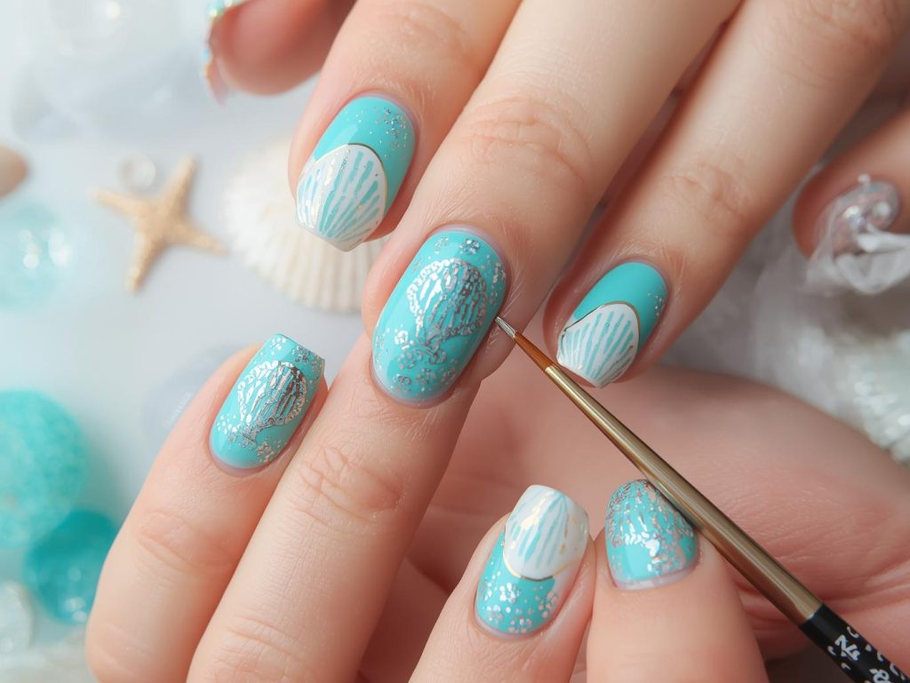 Creating glossy turquoise holographic seashell nail art with holographic polish.