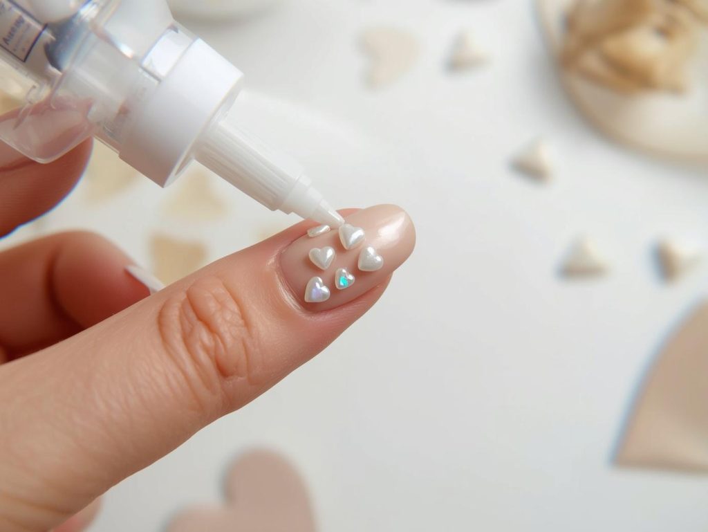 Heart Nail Designs: Romantic and Pinterest-Worthy Manicures to Adore 12 Creating shimmering beige pearl heart nail art with pearl embellishments.