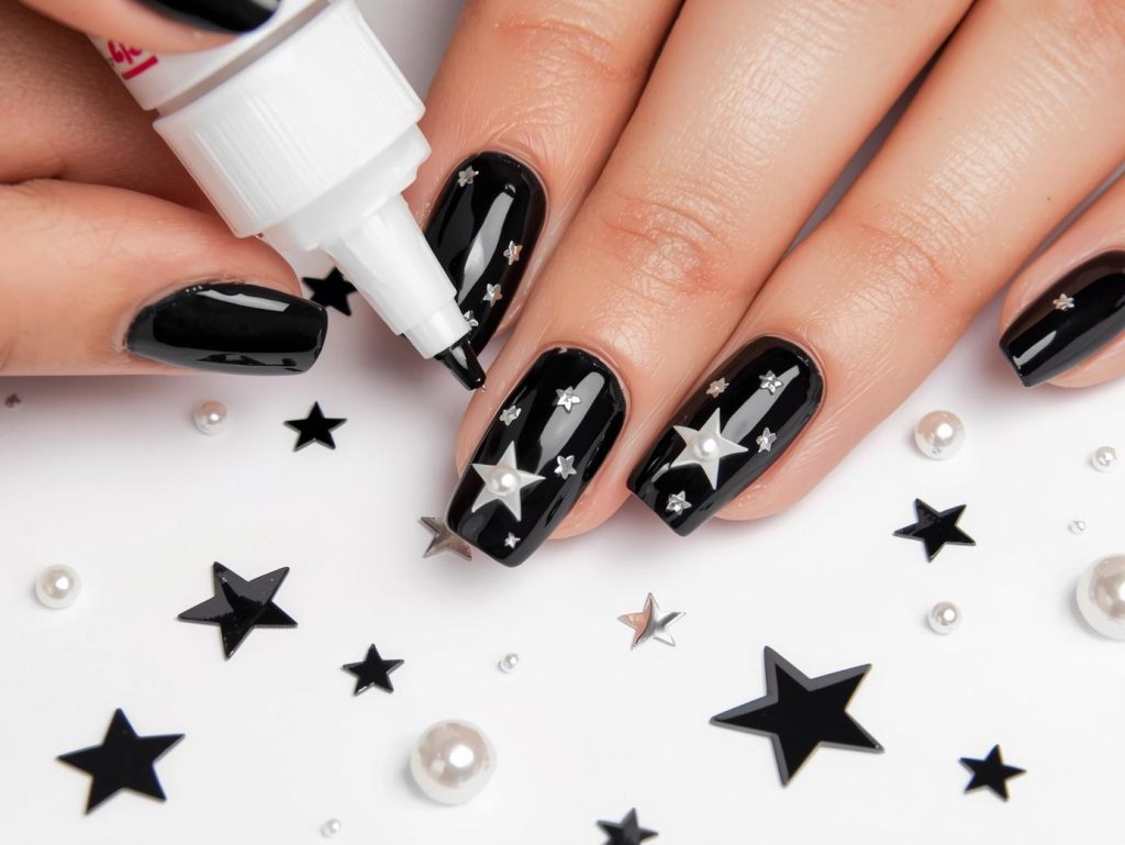 Creating glossy black pearl star nail art with pearl star embellishments.