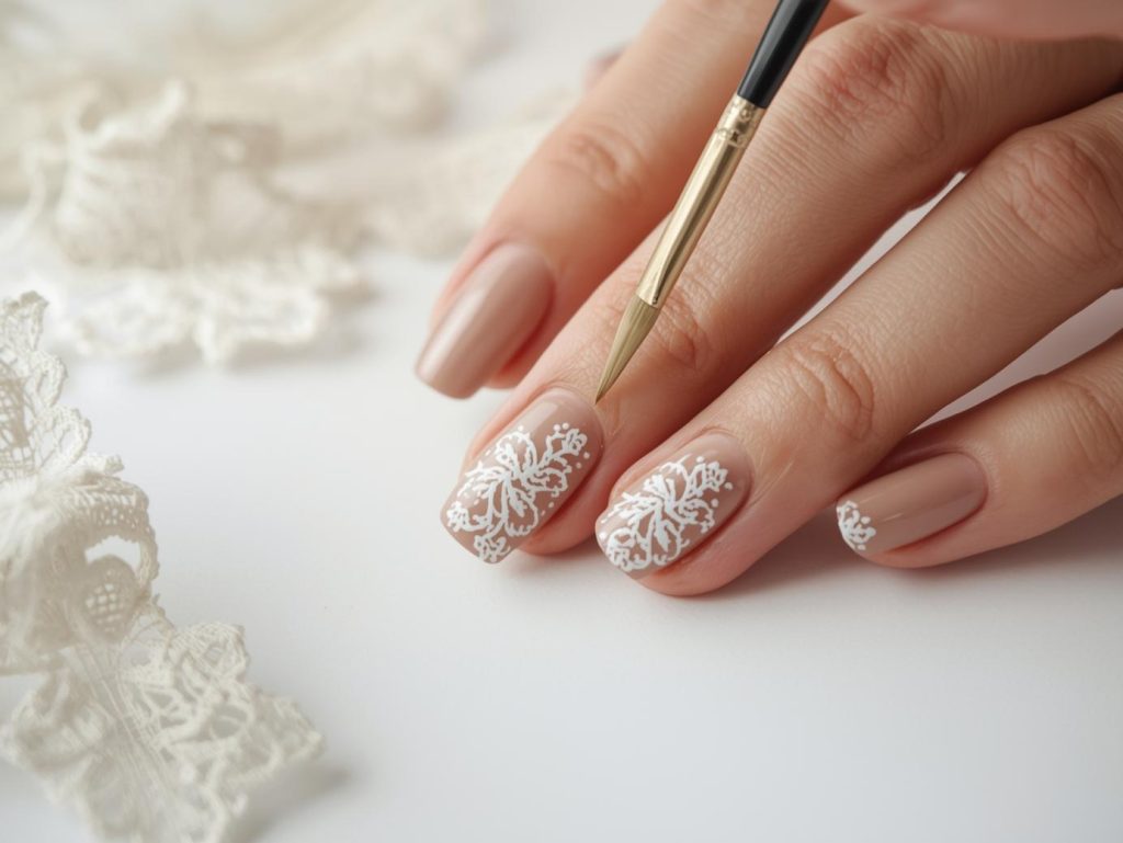 Classy Nail Designs: Elegant and Pinterest-Worthy Manicures to Adore 12 Creating glossy taupe ivory lace nail art with ivory polish.