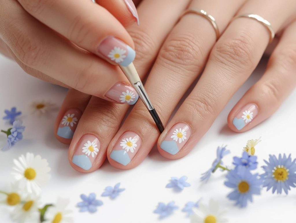  Creating Pale blue tips white daisy nail art with glossy finish.Pale blue tips white daisy nail art with glossy finish.