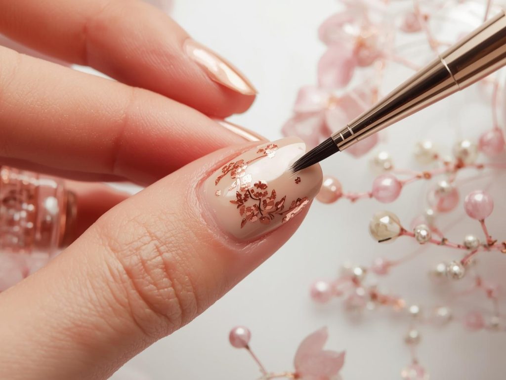 Creating glossy champagne rose gold floral nail art with rose gold polish.