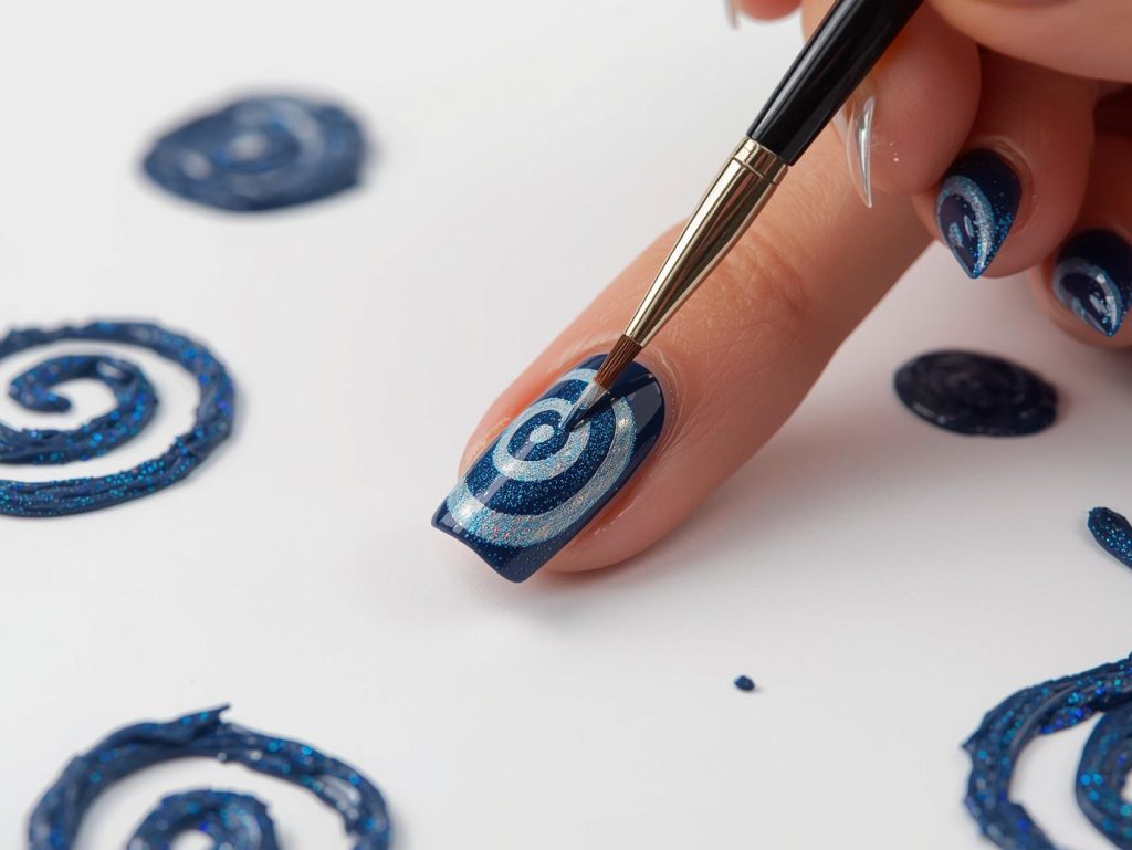 Creating glossy navy holographic swirl nail art with holographic swirl patterns.