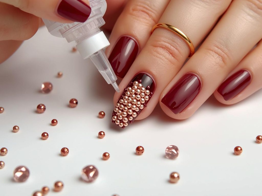 Creating glossy oxblood rose gold caviar bead nail art with rose gold beads.