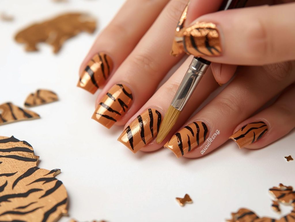Creating warm tan bronze tiger nail art with bronze tiger stripe patterns.