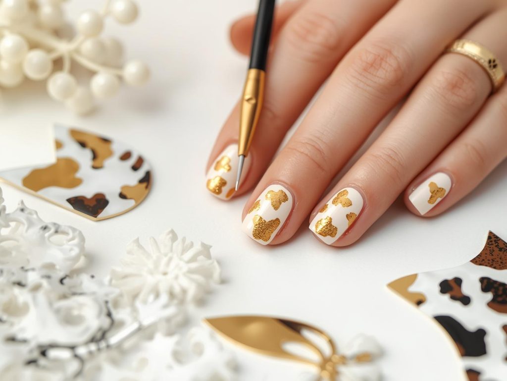 Cow Print Nail Designs: Playful and Pinterest-Worthy Manicures to Adore 12 Creating soft ivory gold cow nail art with gold cow spot patterns.