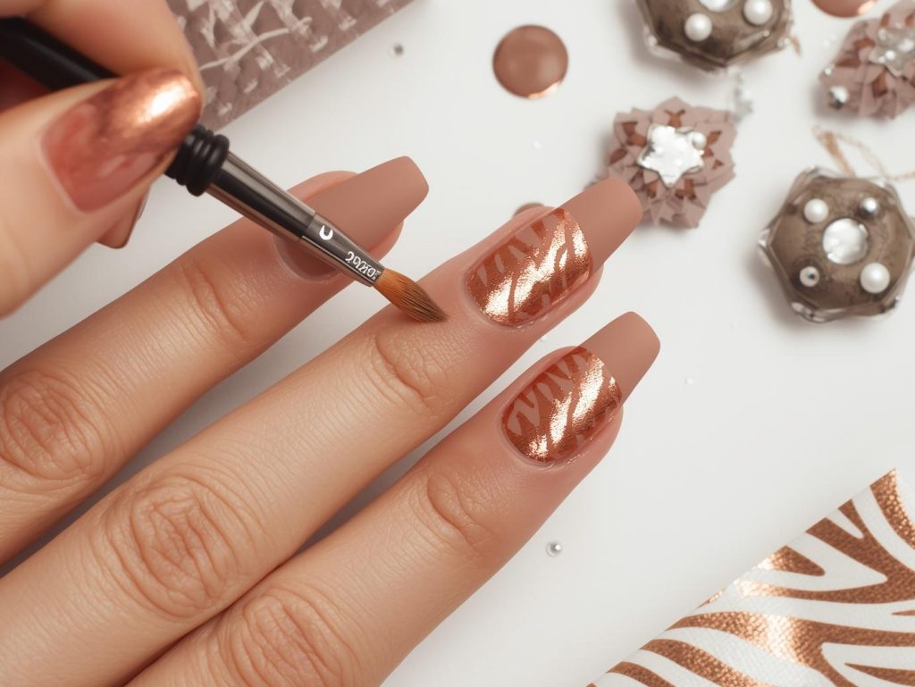 Zebra Print Nail Designs: Bold and Pinterest-Worthy Manicures to Adore 12 Creating warm taupe bronze zebra nail art with bronze zebra stripe patterns.