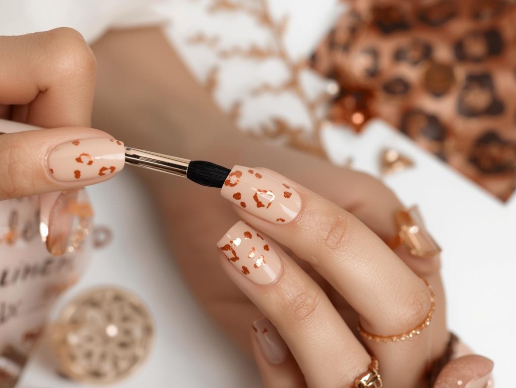 Creating warm beige copper leopard nail art with copper leopard spot patterns.
