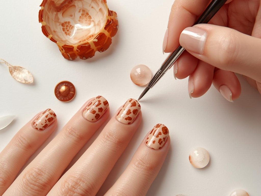  Creating warm beige copper tortoise nail art with copper tortoise shell patterns.