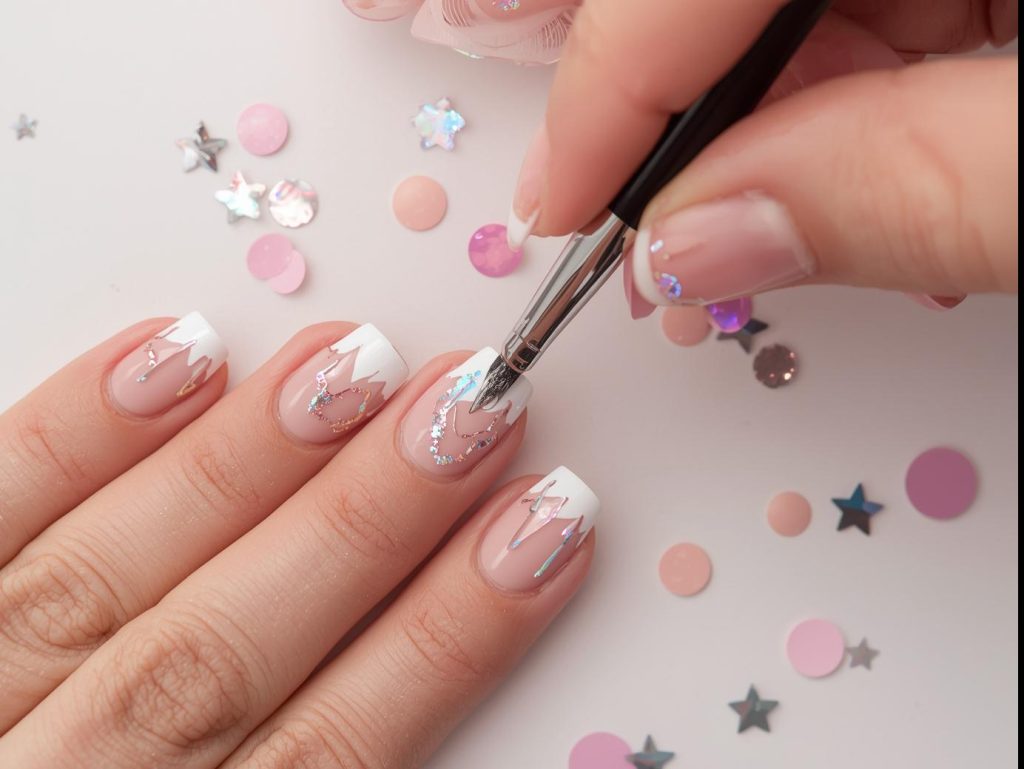 Creating white French tip nail art with holographic sparkle outlines.