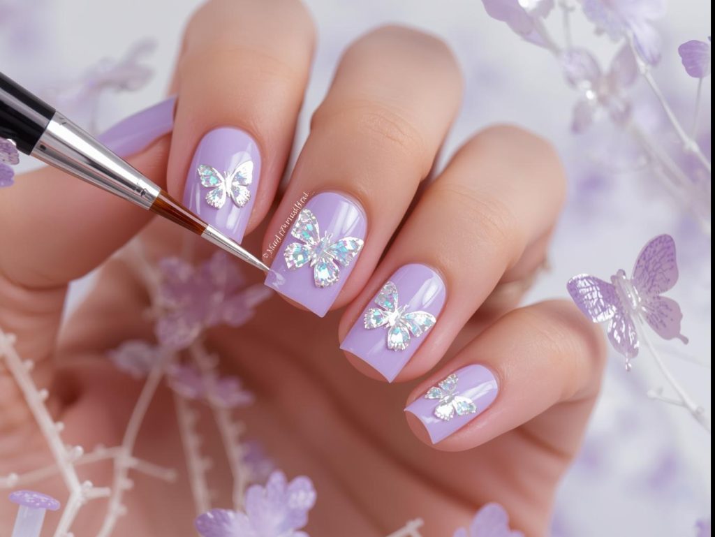 Lavender Nail Designs: Dreamy and Pinterest-Worthy Manicures to Adore 12 Creating pastel lavender holographic butterfly nail art with holographic polish.