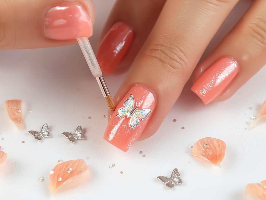 Soft Girl Nail Designs: Dreamy and Pinterest-Worthy Manicures to Adore 12 Creating glossy peach holographic butterfly nail art with holographic embellishments.