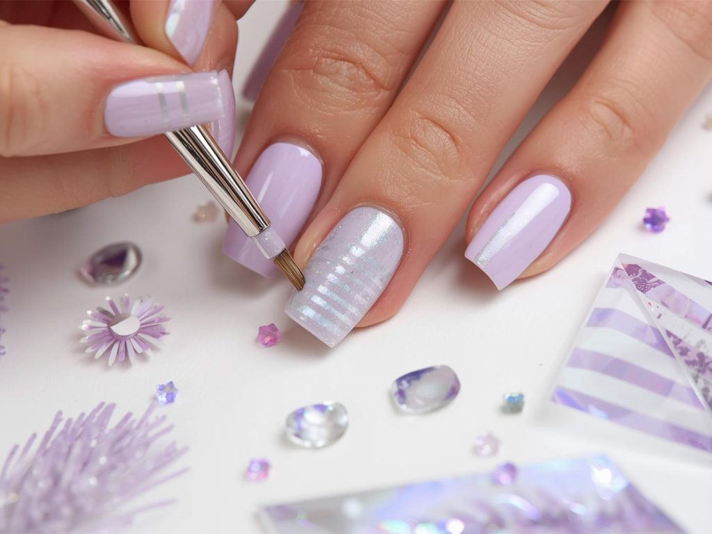 Creating soft lavender holographic striped nail art with holographic stripe patterns.