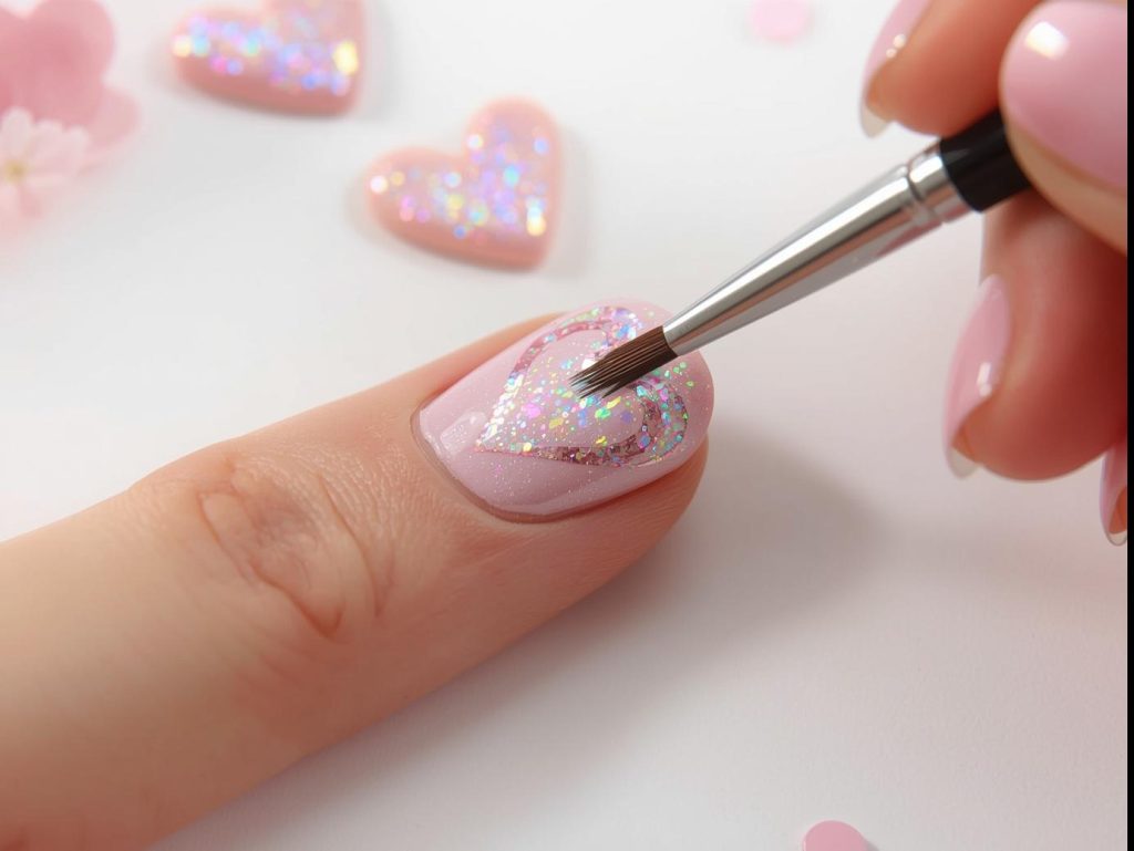 Creating glossy blush holographic heart nail art with holographic polish.