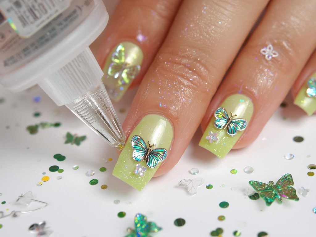 Creating glossy lime green iridescent butterfly nail art with iridescent charms.