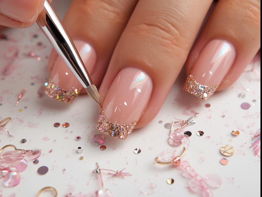Creating gold French tip nail art with holographic glitter outlines.