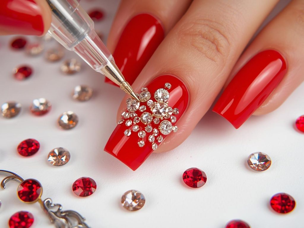 Party Nail Designs: Bold and Pinterest-Worthy Manicures to Adore 12 Creating glossy red crystal rhinestone nail art with crystal rhinestones.